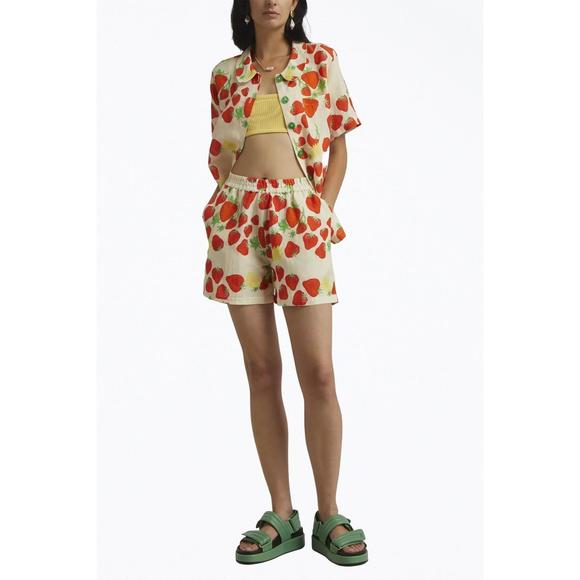 NEW HELMSTEDT strawberry-print linen-blend shorts in beige - Picture 1 of 5